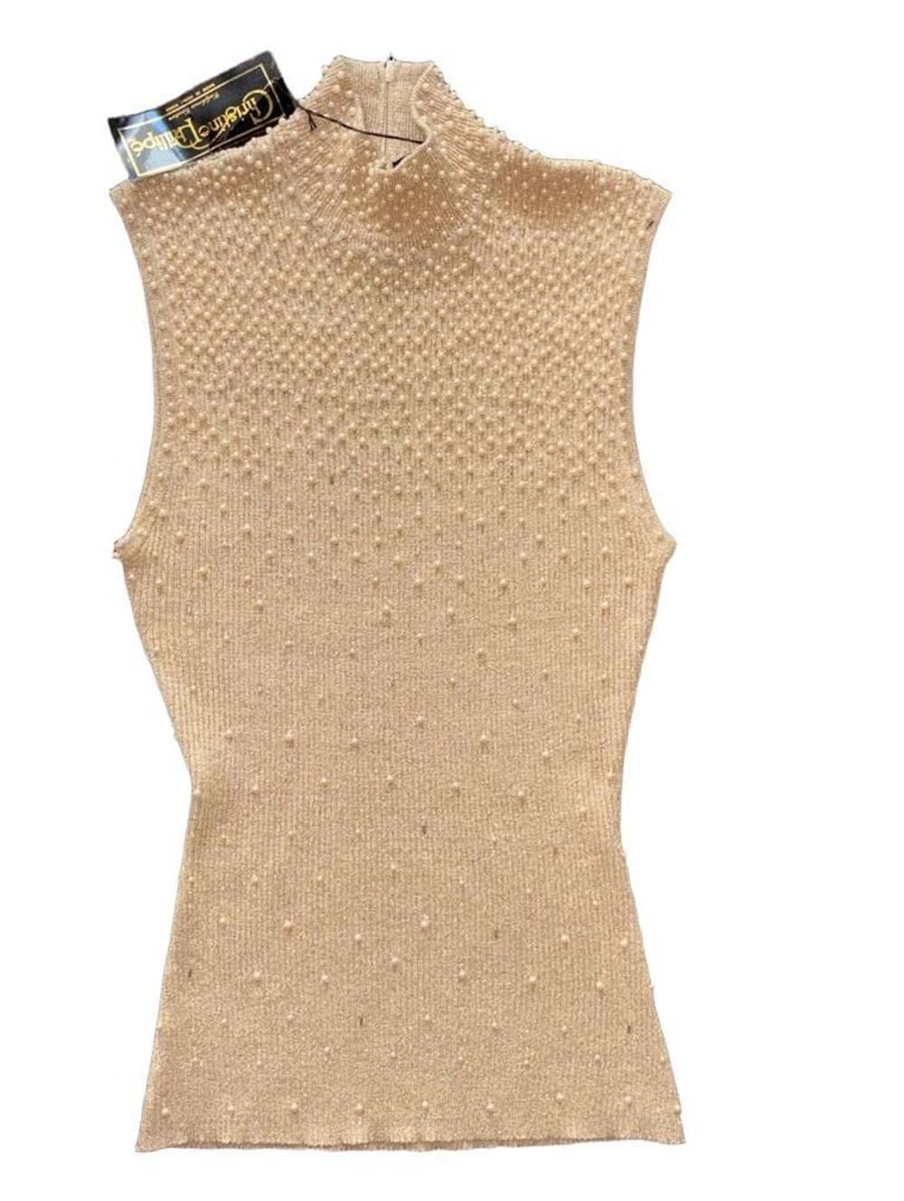 Christine Philipé Mock Neck Sleeveless Sweater Size L Gold Metallic Pearls